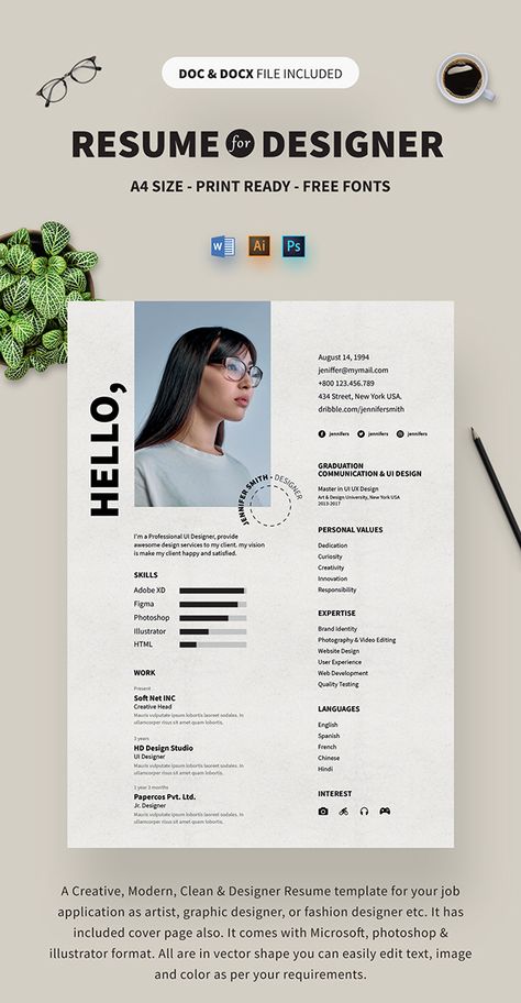 Resume Design With Photo, Resume Template Graphic Design, Graphic Designers Resume, Illustrator Resume Design, Resume With Photo, Cv Design Graphic Designer, Resume Photo Ideas, Cv Photo Ideas, Designer Resume Design