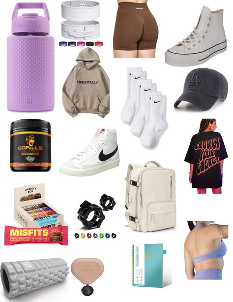 Gym Christmas List, Gym Rat Essentials, Gym Girl Christmas List, Gym Essentials Woman, Gym Wishlist, Workout Bag Essentials, Gym Bag Aesthetic, Gym Bag Essentials Women, Gym Necessities