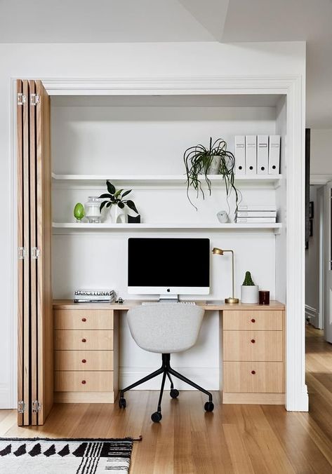 Study nook with bi-fold doors. Home Office Closet, Office Cupboards, Closet Office, Small Home Offices, Office Nook, Office Guest Room, Study Nook, Guest Room Office, Small Home Office