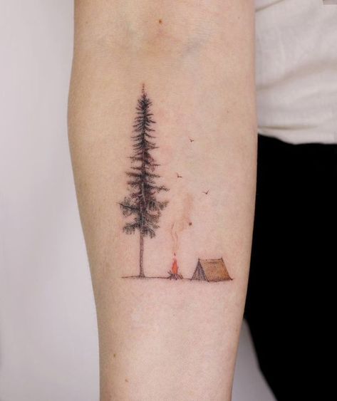 50 Best Small Travel Tattoos Ideas That Will Inspire Inner Wanderers Small Travel Tattoo, Small Travel Tattoos, Tattoo Ideas Travel, Watercolor Bike, Tattoos For Women Unique, Travel Tattoo Ideas, Pine Tattoo, Camping Tattoo, Harley Tattoos