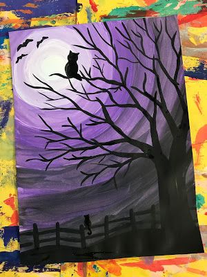 This week 4th grade will start their Spooky Sky value paintings! Value is the element of art that has to do with the lights and darks o... Value Painting, Halloween Art Projects, Halloween Kunst, Fall Art Projects, 4th Grade Art, Halloween Painting, Art Lessons Elementary, Simple Acrylic Paintings, Art Halloween