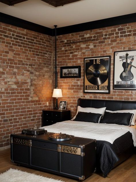 Channel your inner rockstar with a statement black leather headboard and metallic accents. Add a touch of rebellion with a vintage record player and hang band posters on exposed brick walls for a truly rock n roll vibe. Rock Star Apartment, Rock N Roll House Aesthetic, Punk Rock Bedroom Aesthetic, Rock And Roll House Interior Design, Rock N Roll Bedroom Ideas, Rock N Roll Apartment, Rockstar Girlfriend Aesthetic Room Decor, Rock N Roll Interior Design, Rock And Roll Interior Design