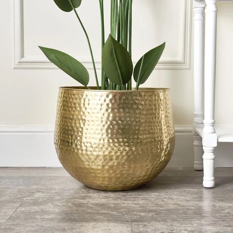 Art Deco Plant, Modern Contemporary Home Decor, Gold Planter, Modern Contemporary Home, Brass Planter, Metal Planters, Tall Plants, Hammered Metal, Indoor Plant Pots