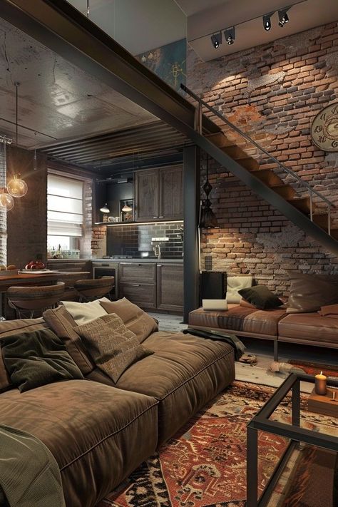 "Elevate your space with Urban Apartment Decor! 🏙️✨ Embrace sleek, modern designs and bold accents to create a stylish city sanctuary. Incorporate industrial elements, contemporary furniture, and artistic touches to reflect the vibrant urban vibe. Transform your apartment into a chic, functional retreat that captures the essence of city living! 🌟🛋️ #UrbanApartmentDecor #CityLiving #ModernDesign" Industrial Modern Aesthetic, Railway House Interior Design, Loft Style Apartments Decor, Industrial Interior Design Apartment, Industrial Studio Apartment, London Loft Apartment, Urban Apartment Decor, Urban Loft Apartment, Industrial Loft Apartment