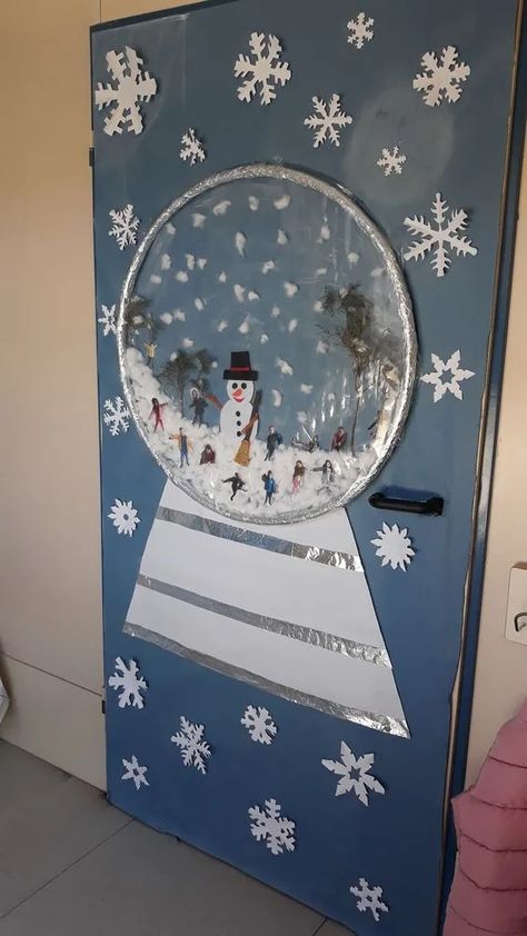 Over 40 DIY Christmas Door Decorations - A girl and a glue gun Owl Be Home For Christmas Classroom Door, Elaborate Christmas Door Decorations, Snow Globe Door Decorations For School, Winter Bible Class Bulletin Board, Teacher Winter Door Ideas, Decorated Classroom Doors For Christmas, Snowglobe Door Decorations For School, Work Door Christmas Decor, Winter Classroom Door Ideas Unique