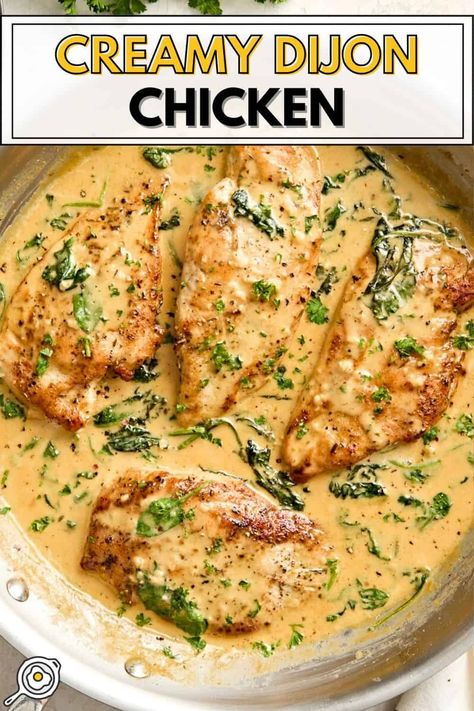 Take dinner to the next level with this Creamy Dijon Chicken recipe! Made with an insanely delicious sauce and simple ingredients! Easy Chicken Main Dishes, Dinner Recipes With Rosemary, Chicken Dinner Recipes Baked, Creamy Dijon Chicken Crock Pot, Dijon Cream Sauce Chicken, English Chicken Recipes, French Dijon Chicken, Ina Garden Chicken Recipes, Dinner With Chicken Broth