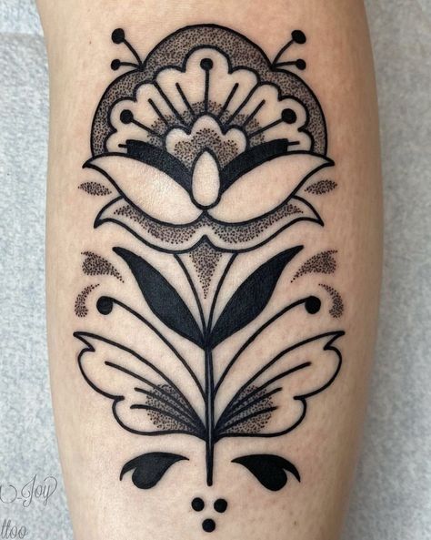 Hindu Flower Tattoo, Folk Floral Tattoo, Nordic Flower Tattoo, Swedish Flower Tattoo, Polish Flower Tattoo, Traditional Polish Tattoo, Rosemaling Tattoo, Ornamental Flower Tattoo, Traditional Floral Tattoo