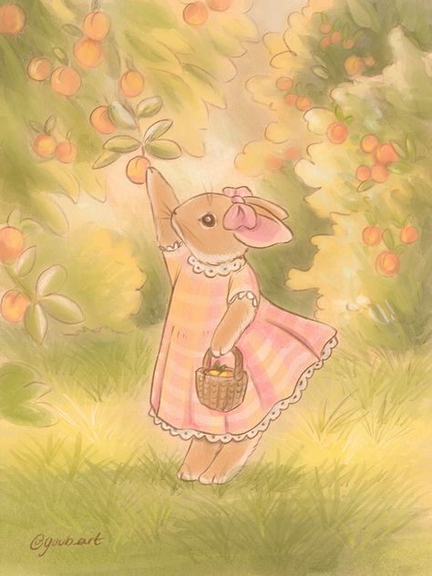 Early morning peach picking - @ goub_art Picking Peaches, Storybook Art Illustrations, Peach Picking, Forest Illustrations, Sweet Drawings, Spring Things, Storybook Art, Art Forest, Forest Illustration