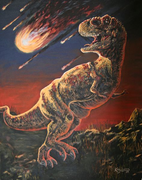 Was it a meteor that killed the dinos? #dinosaurs #trex #painting Meteor Painting, Dinosaur Asteroid Drawing, Dinosaur Painting, Paintings Of Dinosaurs, Trex Dinosaur Painting, Scary Dinosaur Art, Dinosaur Scene Art, Dinosaur Extinction Art, Dinosaur Meteor Illustration