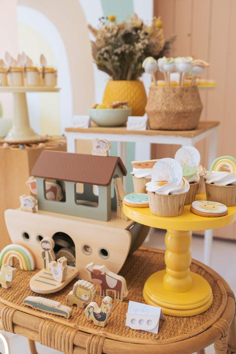 Noah's Ark Birthday Party | CatchMyParty.com Noah Ark 1st Birthday, Noahs Ark 1st Birthday Party Ideas, Two By Two Noahs Ark Birthday Party, Noah’s Ark First Birthday, Noahs Ark Centerpiece Ideas, Noah Birthday Party, Noah’s Ark Birthday, Noah's Ark Birthday Party Ideas, Noah’s Ark Themed Birthday Party