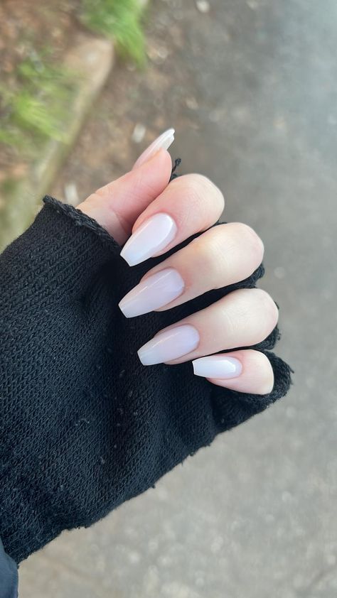 White Nails Straight, Milly White Acrylic Nails, Sheer White Acrylic Nails, Ballerina Milky White Nails, Softgel Nail Design White, Clearish White Acrylic Nails, Ballerina Pearl Nails, White Nails Pale Skin, Solid Color Nails White