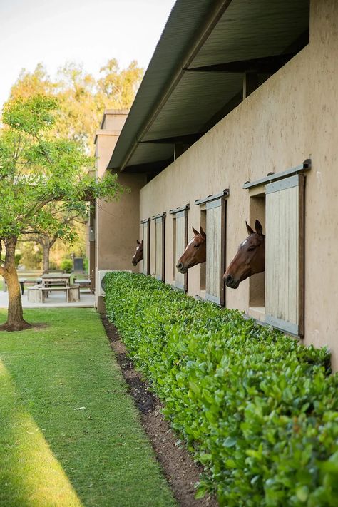 House With Race Track, House With Horse Stalls, Equestrian Yard Ideas, Tropical Horse Stables, Farm With Horses, Equestrian Home Exterior, Luxury Horse Stables Exterior, Stable Landscaping, Horse Stable Exterior