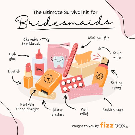 The Top 10 Bridesmaid Survival Kit Essentials Revealed! | Fizzbox Wedding Emergency Kit List, Bridesmaid Essentials, Bridesmaid Emergency Kit, Bridesmaids Essentials, Bridesmaid Kit, Bridesmaid Survival Kit, Party Survival Kit, Wedding Emergency Kit, Butterfly Photography