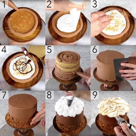 A photo showing steps on how to make a s'mores cake Cake Cover Photo, Graham Cracker Crumble, Cracker Cake, Graham Cracker Cake, Homemade Vanilla Cake, Holiday Candy Recipes, Fall Cake, Smores Cake, Preppy Kitchen