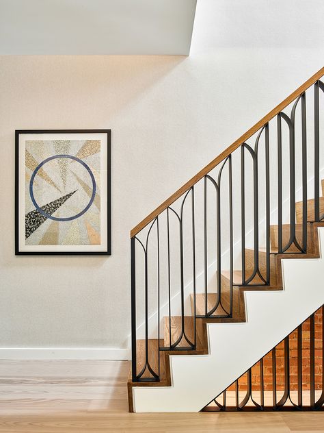 Wanda Ely Designs an Art Deco Modern House in Toronto Ely, Art Deco Staircase, Art Deco Stairs, Stairway Makeover, Stairs Wood, Metal Handrails, Staircase Railing Design, Handrail Design, Contemporary Staircase