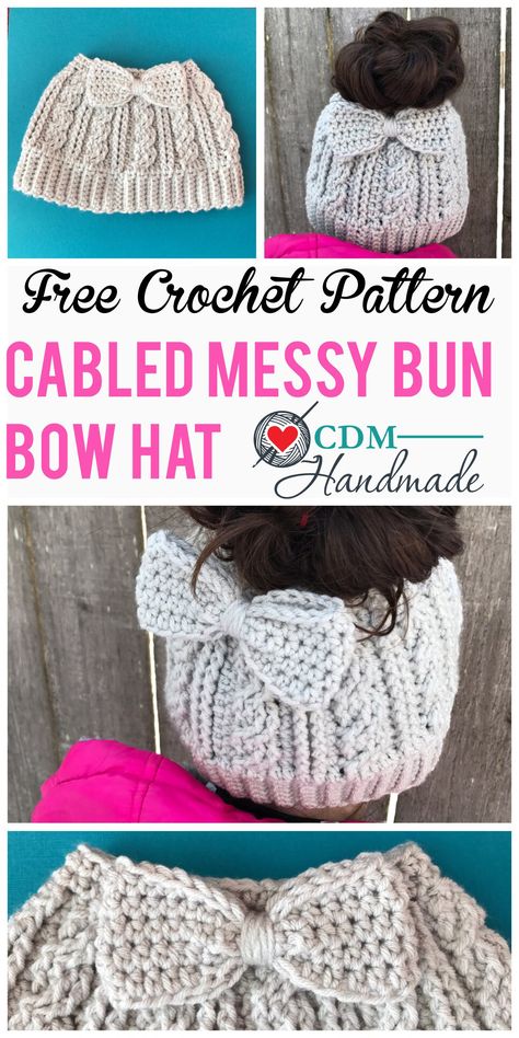 cabled messy bun bow hat pinterest Bow Buns, Puppy Hat Crochet, Crochet Bow Pattern, Bun Bow, Crochet Bun Hat, Messy Bun Hat Pattern, Messy Bun Hat Crochet, Crochet Messy Bun, Crochet Hat With Brim