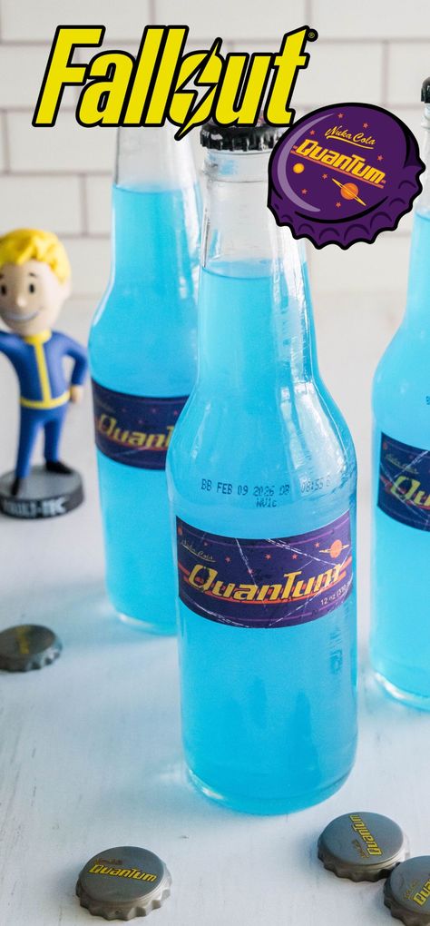 DIY Fallout Nuka Cola Quantum Nuka Cola Quantum Recipe, Fallout Recipes, Taco Bell Baja Blast, Baja Blast Freeze, Nuka Cola Label, Nuka Cola Recipe, Mountain Dew Baja Blast, Fallout Party, Ice Blender