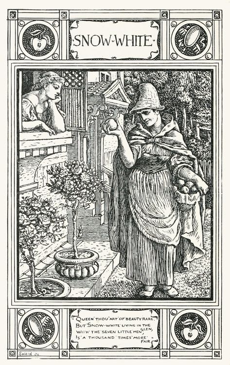 View Snow White by Walter Crane and other Artworks on Artvee Brothers Grimm Snow White, Illustration Fairytale, Denis Zilber, The Brothers Grimm, Walter Crane, Illustration Book, Sette Nani, Brothers Grimm, Grimm Fairy Tales