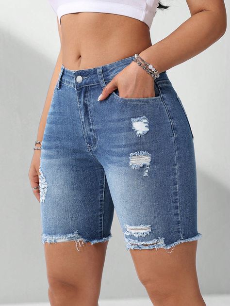 Medium Wash  Collar  Denim Plain Biker Shorts Embellished Medium Stretch  Women Clothing Biker Jeans Outfit, Jean Shorts Outfits, Ladies Denim Shorts, Mode Queer, Women Denim Shorts, Jean Short Outfits, Denim Shorts Outfit, Dressy Shorts, Jean Bleu