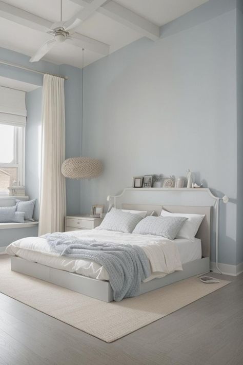 Imagine waking up each day to the soothing sounds of the ocean and gentle sunlight dancing on your walls. A modern coastal bedroom combines tranquility with Baby Blue Bedroom Aesthetic, Soft Blue Room, Bedroom Sky Blue, Dresser Lighting, Sky Blue Bedroom, Baby Blue Bedrooms, Modern Coastal Bedroom Ideas, Blue And Cream Bedroom, Light Blue Rooms