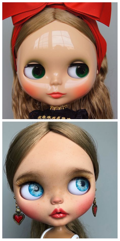 Custom Blythe Dolls Faces, Blythe Face Up, Custom Blythe Dolls, Blythe Makeup, Blythe Face, Polymer Clay Sculptures, Blythe Custom, Doll Makeup, Black Barbie