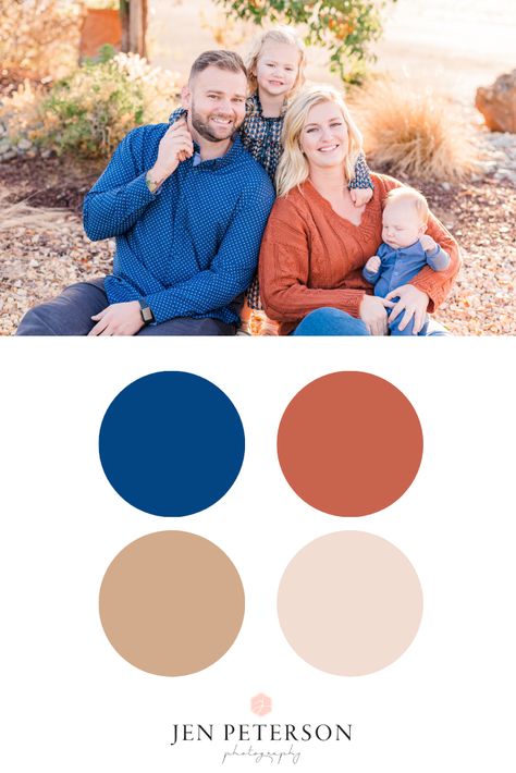 This sweet family's outfit coordination was SPOT on! Royal Blue button up shirt for dad, burnt orange sweater for mom, blue sleeper for baby and a gorgeous blue/tan/orange dress for sister that tied it all together! See more of their family photos on the blog, link below. #familyoutfitideas #familyoutfitcoordination Family Photos Royal Blue, Royal Blue Fall Outfits, Blue And Orange Family Pictures, Fall Family Pics Burnt Orange, Family Photo Outfits Royal Blue, Orange And Blue Family Photo Outfits, Burnt Orange Photoshoot Family, Burnt Orange Family Pictures, Family Photos Burnt Orange