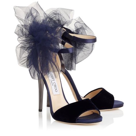 Navy Velvet, Satin and Anthracite Mirror Leather Peep Toe Sandals with Tulle Bow Detail | Lilyth 120 | Autumn Winter 15 | JIMMY CHOO Blue Leather Sandals, Velvet Sandals, Jimmy Choo Sandals, Velvet Shoes, Jimmy Choo Heels, Velvet Heels, Metallic Shoes, Bohol, Metallic Sandals