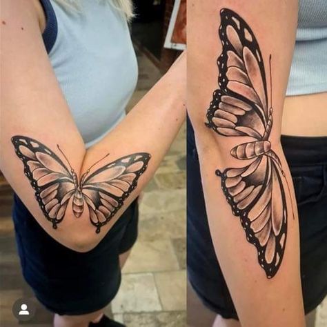 Moth Tattoo Open Close, Butterfly Moth Tattoo Elbow, Butterfly Tattoo Piece, Butterfly Arm Tattoo Elbow, Tattoo Ideas For Elbow Women, Butterfly Knee Crease Tattoo, Butterfly Crease Elbow Tattoo, Opening Butterfly Arm Tattoo, Open And Closed Butterfly Tattoo