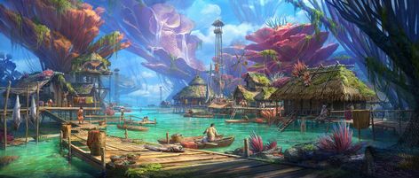 Coral Village Fantasy Landscape Village Art Rpg Map, Ancient Tree, Puzzle 1000, 1000 Piece Jigsaw Puzzles, Fantasy Landscape, Fantasy World, Animation Art, Art Forms, Card Art