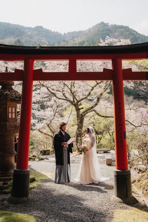 Couple elope beneath the cherry blossom in a beautiful, secret, Japanese garden, after having an early morning photo shoot in the old streets of Kyoto. Weddings In Japan, Japan Wedding Photography, Japanese Elopement, Japan Elopement, Beautiful Elopement, Mountain Garden, Beauty Of Japan, Japan Wedding, Japanese Wedding