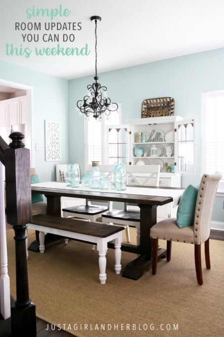 These easy dining room updates were completed in a weekend and are a simple way to refresh any dining space! | #diningroom #diningroomdecor #diningroomdecorating #roomrefresh #weekendproject #simplediy #easydiy Paint Color: Sherwin Williams Rainwashed, Ryan Homes Palermo Dining Room Aqua Paint Colors, Dining Room Paint Colors, Fall Dining Room, Dining Room Updates, Popular Living Room, Aqua Paint, Green Dining Room, Ryan Homes, Autumn Dining