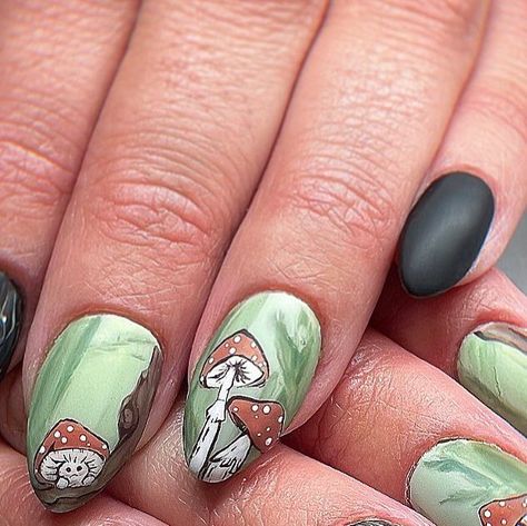 Acorn Nail Art, Mushroom Nail Designs, Mushroom Nail Art, Witchy Fall, Mushroom Core, Cottage Core Art, Mushroom Tattoos, Matte Top Coat, Kawaii Tattoo