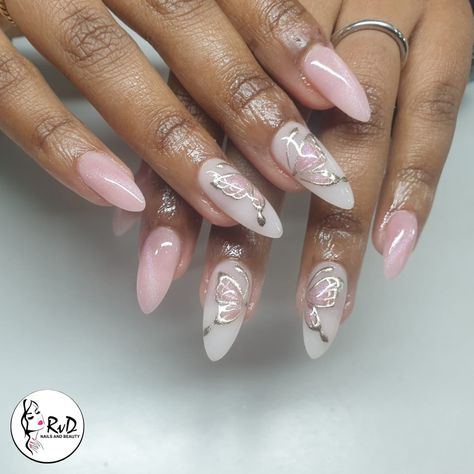 This design features a gorgeous pink and white color scheme with delicate butterfly details, perfect for adding a touch of elegance to your look. 🦋💅 #freehandnailart #Rvd #nails4today #nailinspo2024 #acrylicnails #gelnails Ombre Butterfly Nails, Butterfly Almond Nails, Pink Nails Butterfly, Simple Butterfly Nails, 3d Butterfly Nails, Pink Butterfly Nails, Nails Butterfly, Butterfly Details, Butterfly Nail Designs