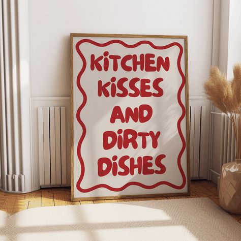 Modern funny quote poster for kitchen 'Kitchen kisses and dirty dishes'/ black, red, blue, yellow, green, pink and beige quote prints Posters Apartment, Kitchen Artwork Ideas, Poster For Kitchen, Home Art Ideas, Kitchen Quotes Funny, Funky Bedroom, Room Art Prints, Flat Interior Design, Funny Illustrations