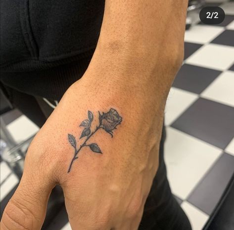 Flower On Hand Tattoo Men, Small Rose Tattoo Men Hand, Small Hands Tattoo, Flower Hand Tattoo Men, Side Of The Hand Tattoos, Red Fineline Tattoo, Rose Tattoo Men Hand, Small Rose Tattoo Men, Men’s Rose Tattoo