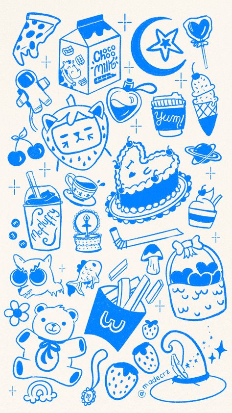 Free Doodle Wallpaper of cute stuff 🎀🐻 #phone #wallpaper #aesthetic #doodle Silly Doodle Wallpaper, Croquis, Cute Doodles Blue, Doodle Phone Wallpaper, Animal Doodles Aesthetic, Comic Book Doodles, Cute Sticker Doodles, Doodle Graphic Design Illustrations, Cute Doodles Aesthetic Wallpaper