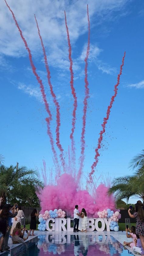 Gender Reveal Rocket, Boujee Gender Reveal Ideas, Reveal Ideas Gender Creative, Gender Reveal Ideas Cannon, Gender Reveal Outside Ideas, Baddie Gender Reveal, Gender Reveal Mama Outfit, Gender Reveal Ideas For Party Fireworks, Gender Reveal Ideas Fiesta Theme