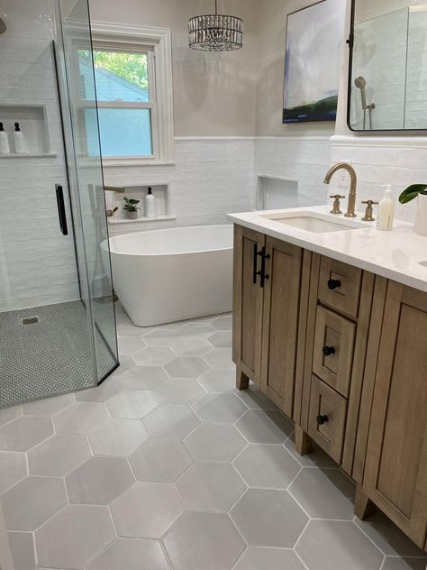 Lookbook | Bathroom Light Grey Hexagon Tile Bathroom, Gray Hexagon Tile Bathroom, Grey Hexagon Tile Bathroom, Octagon Tile Bathroom, Tile For Bathroom Floor, Hexagon Bathroom Floor, Hexagon Tile Bathroom Floor, Hexagon Bathroom, Grey Bathroom Floor