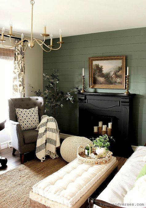 Farmhouse With Green Accents, Green Room Black Trim, Green Focus Wall Living Rooms, Moss Green Living Room Walls, Green Wall Black Fireplace, Two Tone Green Living Room, Green Wall With Fireplace, Green Walls Black Fireplace, Two Tone Green Room