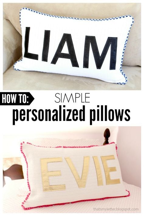 How to make simple personalized pillows.  A sewing project that makes a great gift and pretty decor too! In case you’re wondering I made these pillows for my friend Jen at The House of Wood as a thank you gift.  She has two little ones so I made one pillow for her daughter and one... Read more Diy Toddler Bed, Pillows Diy, Hand Painted Dishes, Sewing Binding, Name Pillow, Diy Toddler, Boys Bedding, White Blanket, Pretty Decor