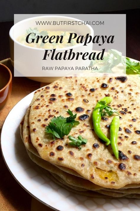 Recipe using a raw green papaya. Green papaya or more commonly known as Raw papaya can also be stuffed in a flatbread! -  Raw Papaya Paratha recipe! Papaya Recipes Dinners, Papaya Recipes Healthy, Green Papaya Recipes, Dried Papaya Recipe, Papaya Recipes Dessert, Green Papaya Recipes Cooked, Unripe Papaya Recipes, Raw Papaya Recipes, Papaya For Breakfast