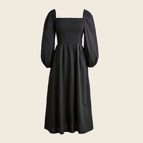 J.Crew: Smocked Puff-sleeve Dress For Women Black Frock, Sleeveless Wrap Dress, Bodice Dress, J Crew Dress, Puff Long Sleeves, Smocked Dress, Puffed Sleeves Dress, Long Sleeve Midi Dress, Petite Dresses