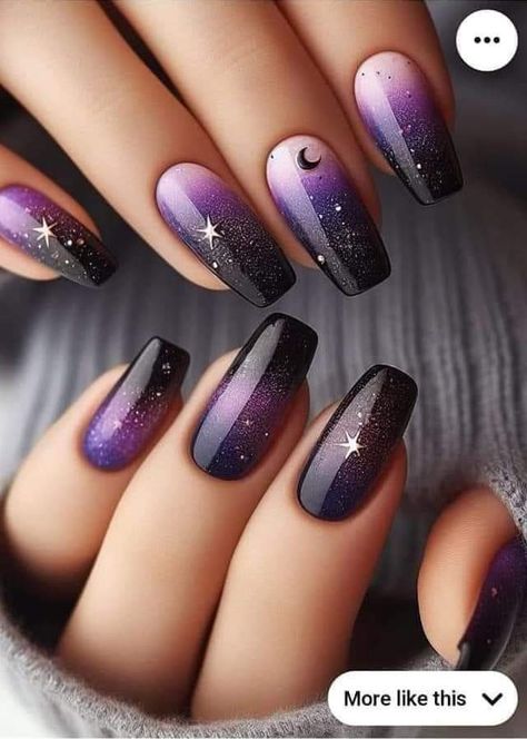 Nails Space Design, Purple Ombre Nails Short, Nail Art Space, Black Summer Nails, Ongles Gel Violet, Cosmic Nails, Galaxy Nail Art, Thanksgiving Nail Art, Witchy Nails