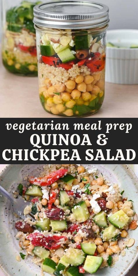 Lunch meal prep is easy with this Meditteranean-inspired quinoa chickpea salad! You can prep up to 4 days of lunch in under 30 minutes with this super easy salad-in-a-jar recipe. Chickpea Quinoa Salad Jar, Quinoa Jar Salad, Greek Salad In A Jar, Overnight Quinoa In A Jar, Quinoa Salad Jars, Salad Lunches, Overnight Salad, Quinoa Chickpea Salad, Greek Quinoa Salad