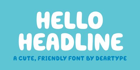 Hello Headline Font Download - Hello Headline is a bold and friendly typeface designed specifically (believe it or not) for headlines. All of the letters are chunky and rounded, which is probably the reason why they are visible from afar. And I mean, really, really afar. The overall feel of the typeface is meant to be very casual and affable, so it is great for businesses that are fun, outgoing and sincere.  #font #typeface #typography Twoey Bluey, Friendly Typeface, Hello Font, Headline Font, Typeface Typography, Casual Fonts, Contemporary Fonts, Advanced Typography, Bluey Birthday