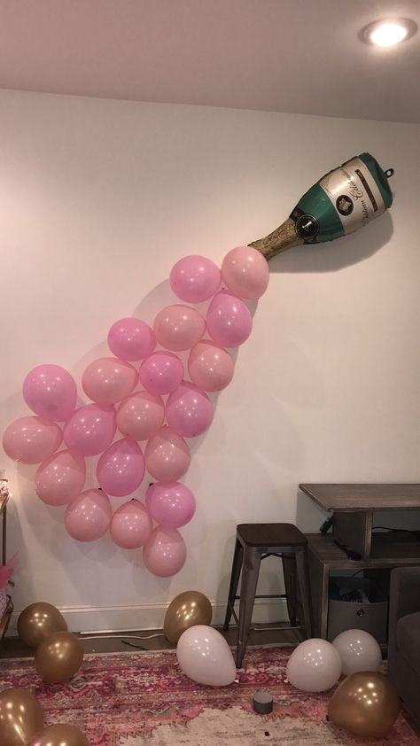 21st Birthday Party Photo Wall, 21st Birthday Treat Table, Pink And White 21st Birthday Decor, 21st Photo Wall, 21 Birthday House Party Ideas, 21st Birthday Apartment Decorations, 21st Birthday Backyard Party Ideas, Birthday Pregame Ideas, Champagne 21st Birthday Ideas