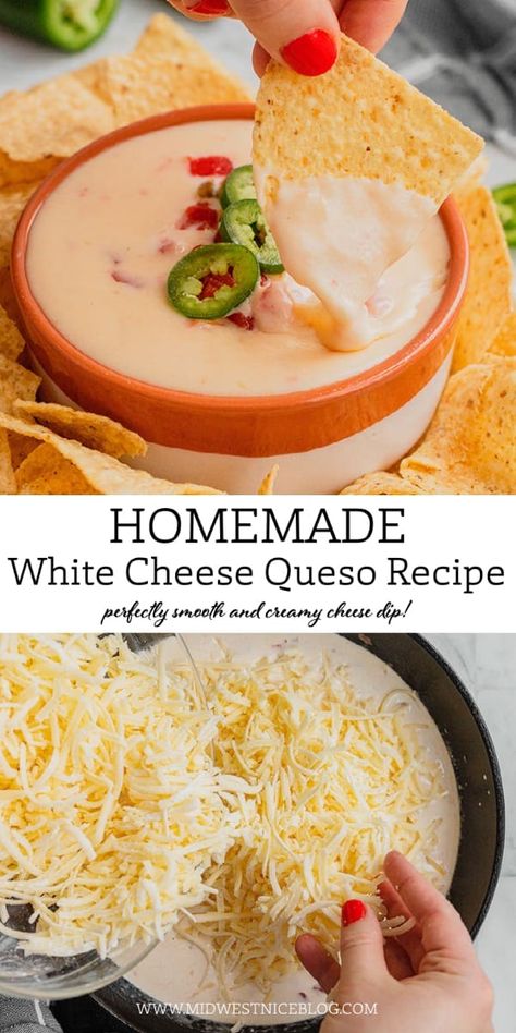 Make this white cheese queso recipe to bring the Mexican restaurant home. It's easy as can be, requires only a handful of ingredients, and turns out perfectly every single time! White Cheese Nachos, White Queso Nachos, Queso Cheese Recipe, Queso Nachos Recipe, What To Make With Queso Fresco, Nacho Queso Recipe, Home Made Queso Dip, Homemade Queso Dip Easy, Acp Recipe Mexican