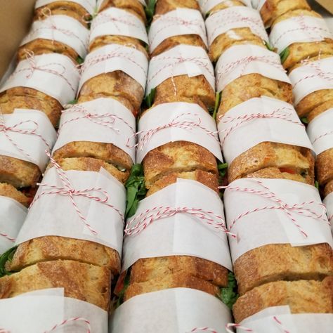 Sandwiches At Wedding, Sandwich Station Wedding, Gourmet Sandwiches Presentation, Mini Sandwiches For Wedding, Sub Station For Party, Italian Themed Luncheon, Wedding Sandwiches Ideas, Cold Croissant Sandwiches, Sandwich Boxes For Party