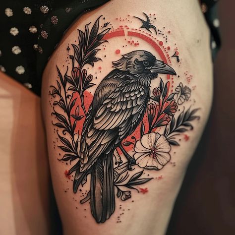 Ravens Tattoo, Raven Tattoo Ideas, American Traditional Raven Tattoo, Raven Tattoo Flowers, Elegant Raven Tattoo, Raven Tattoo Ideas Women, Neo Traditional Raven, Raven Tattoos, Norse Raven Tattoo