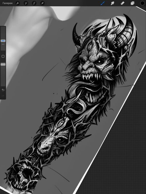 Skull Sleeve Tattoos, Skull Sleeve, Men Tattoos Arm Sleeve, Demon Tattoo, Scary Tattoos, Muster Tattoos, Creepy Tattoos, Tattoo Style Drawings, Horror Tattoo